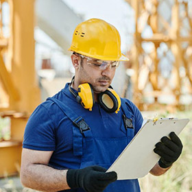 Vanoni Construction worker reviewing architectural plans in Long Island