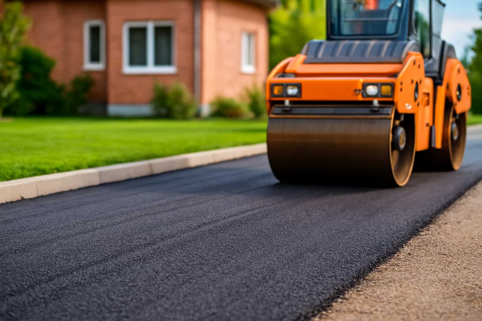 Heavy roller compacting fresh asphalt on a residential driveway construction