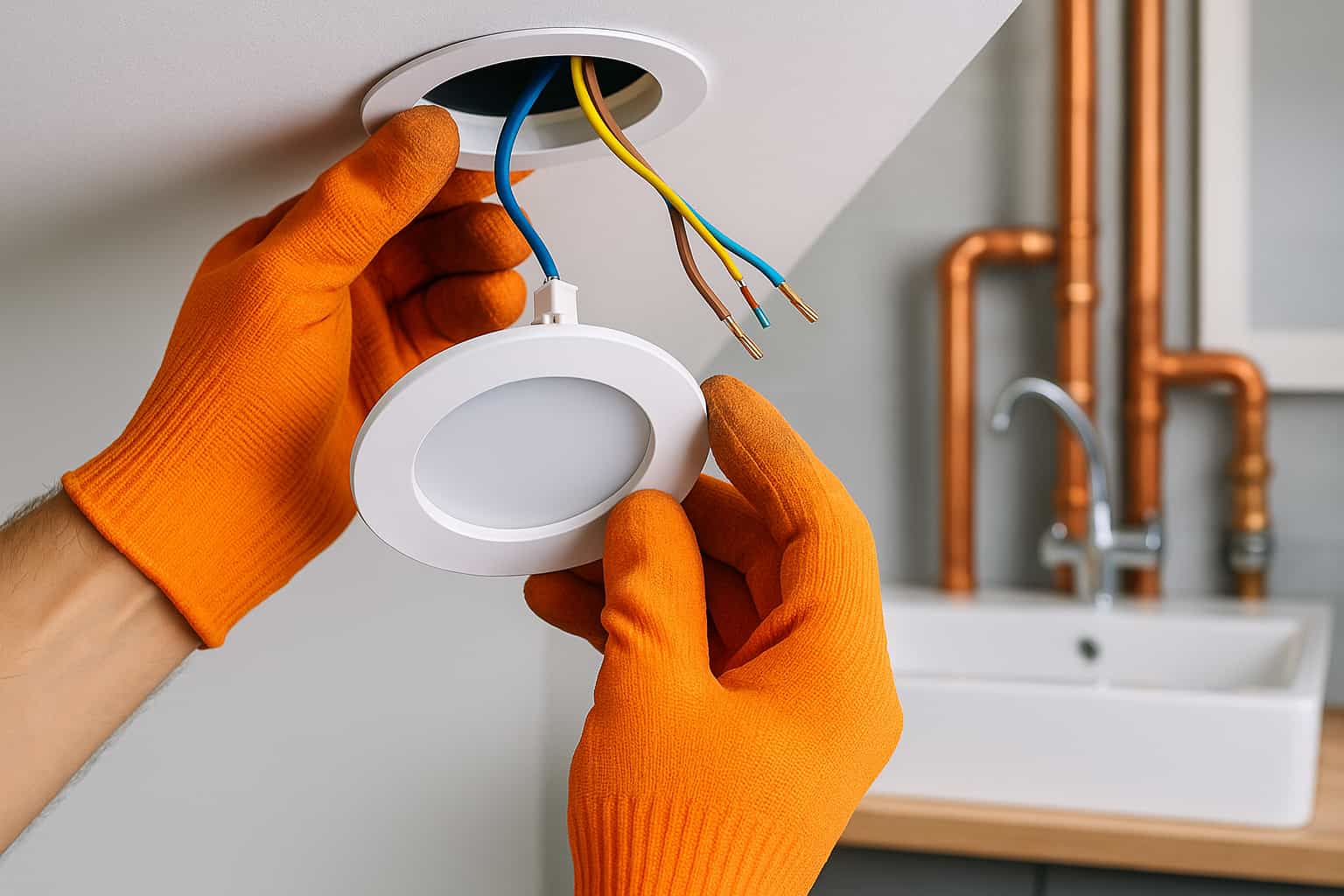 Electrician installing recessed lighting and plumbing fixtures in Suffolk homes